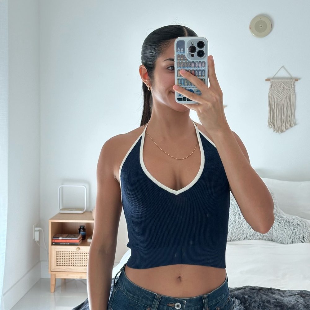 Bershka Navy Knit Top with White Edging